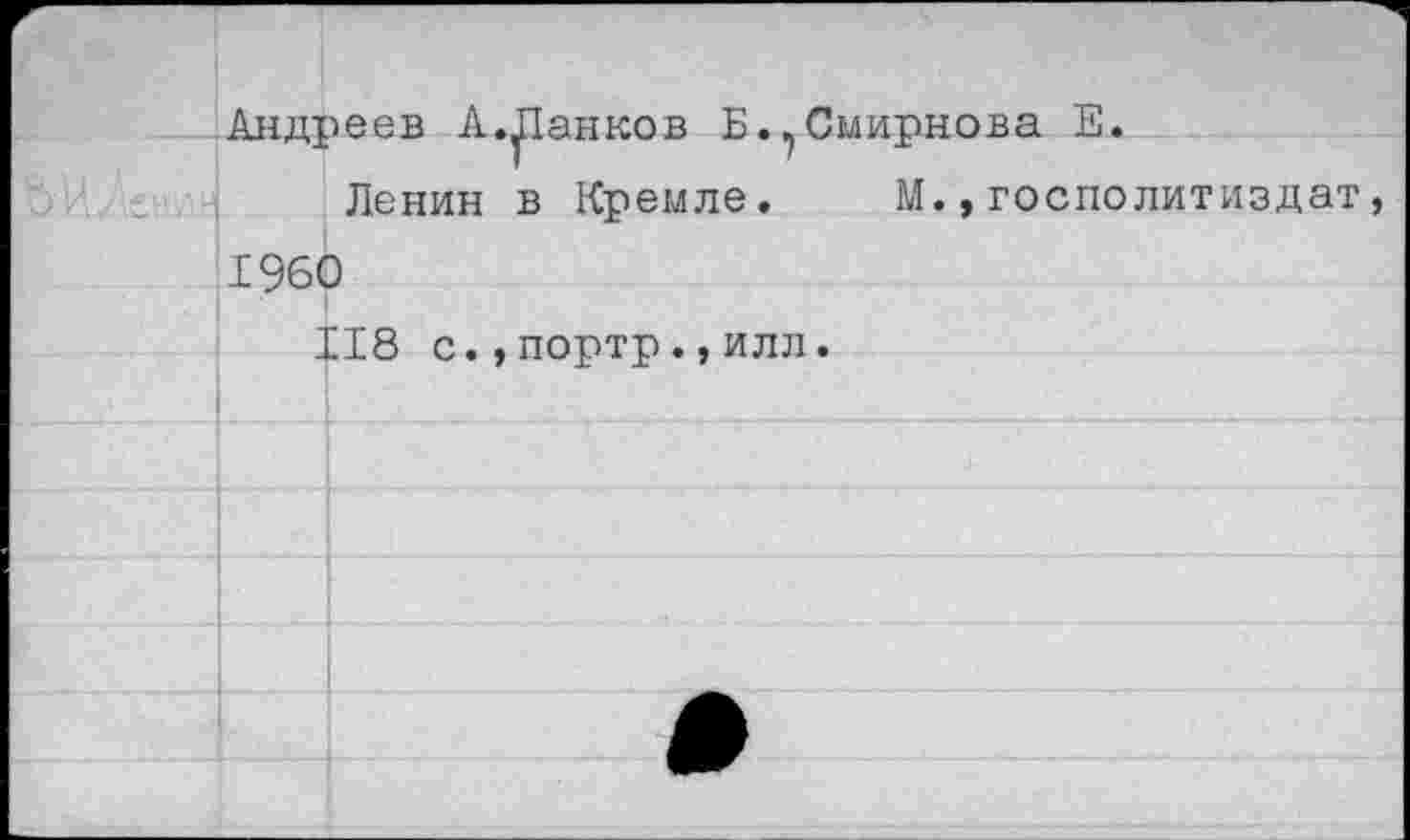 ﻿Андреев А.Ланков Б.,Смирнова Е.
Ленин в Кремле. М.,госполитиздат, I960
118 с.,портр.,илл.